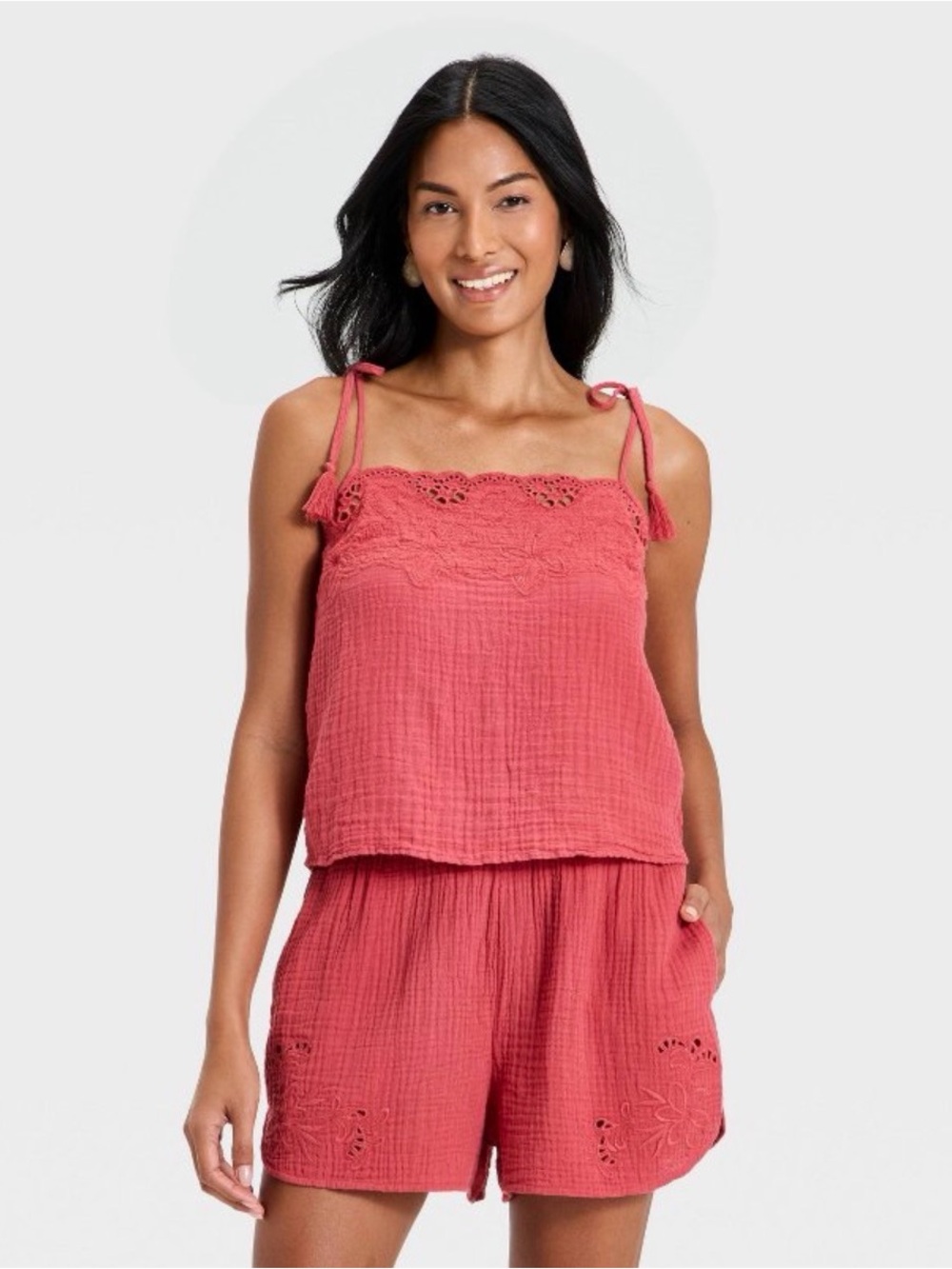 Universal Thread Red Tie-Shoulder Crochet Trim Tank